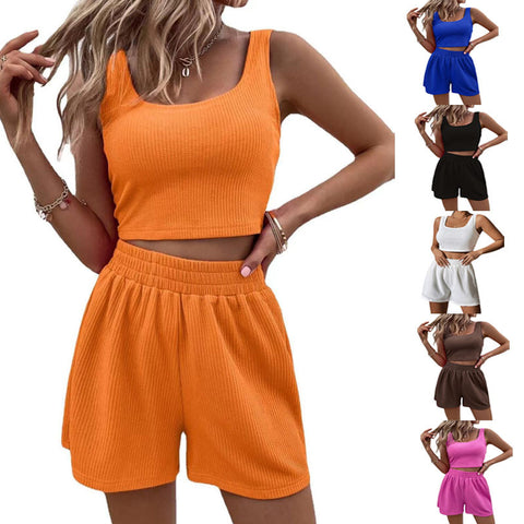 Knitted Square Neck Top with Elastic Shorts Solid Color 2Pcs Sets