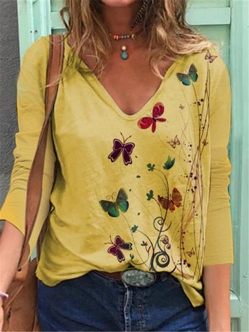 Butterfly Printed Long Sleeve V-neck Top For Women