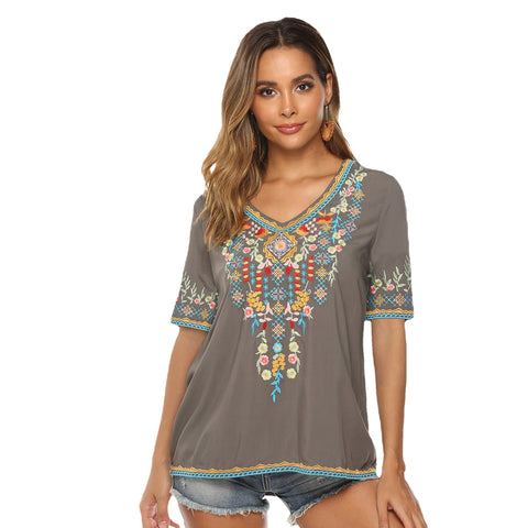 Embroidered V-neck Top