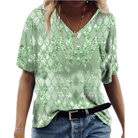 Diamond Design Printed Loose V Neck Short Sleeve Top