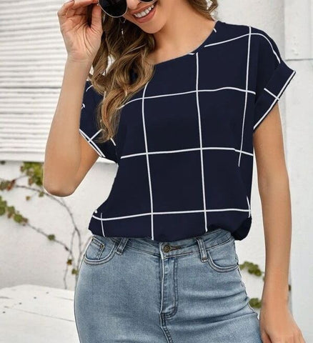 Check Print Drop Shoulder Short Sleeve Shirt Top