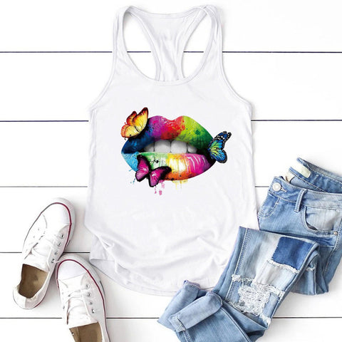 Multicolored Lips and Butterflies Printed Tank Top