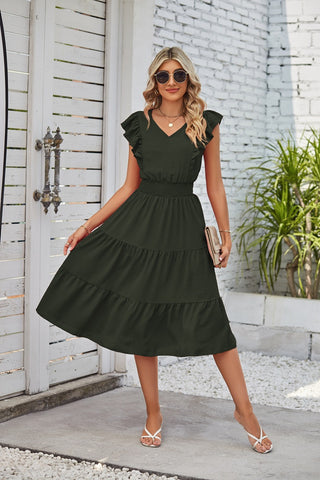 Ruffled Sleeveless V-Neck, Elastic Waist A-Line Summer Dress