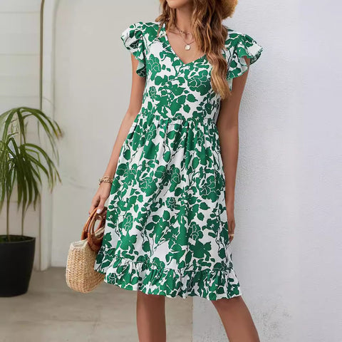 Leaf Print V-neck Ruffled Sleeveless A-Line Dress