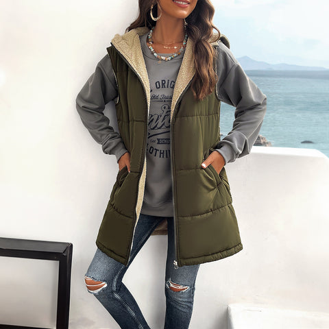 Winter Vest Mid-length Hooded Jacket With Pockets