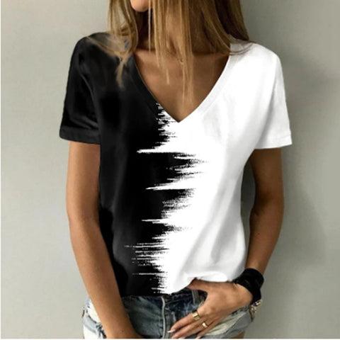 Two Color Print V-Neck Short Sleeve T-Shirt Top