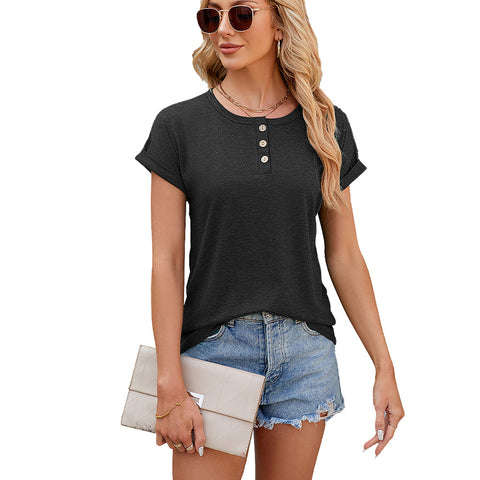 Women's Summer Solid Color Round Neck Button Loose Top