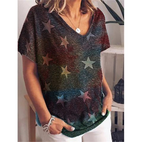 New Gradient Color Printed Short-Sleeved Loose Women's Top