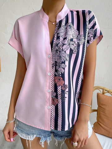 Double Contrast Color Floral Button Short Sleeve Shirt