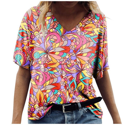 Multi Pattern V-Neck Short Sleeve Top