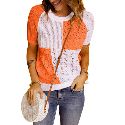 Color-blocking Knitted Sweater Short-sleeved Top