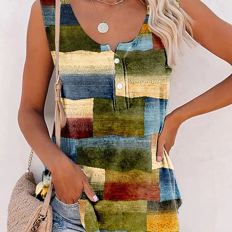 New Striped Printed Button Loose U-neck Top