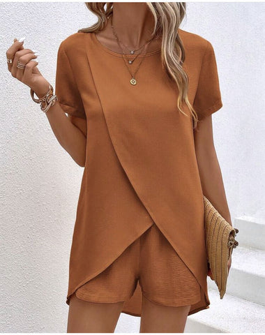 Solid Color Women's Top and Shorts Set