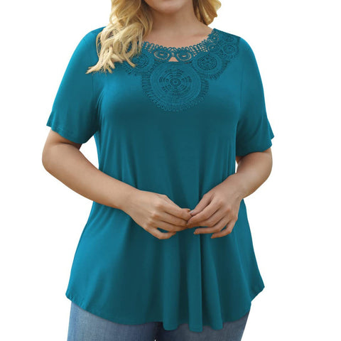 Women's Plus Size Short Sleeve Pullover Lace Pleated Top