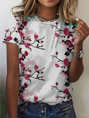 Floral Print Round Neck Short-sleeved T-shirt