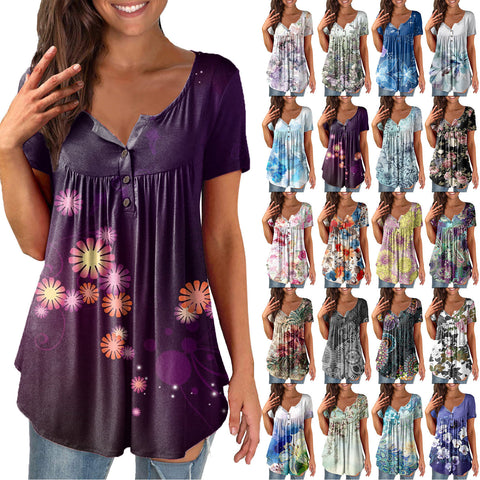 Printed Ruffled Tunic Pullover Short Sleeve