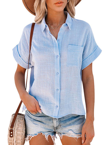 Solid Color  Cotton And Linen Short-Sleeved Ladies Lapel Button-down Shirt