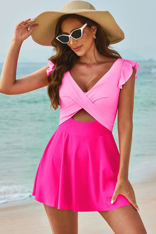 Cutout V-Neck Cap Sleeve One-Piece Swimwear