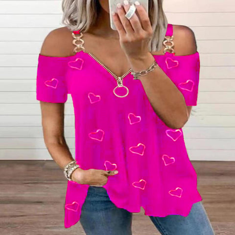 Heart Patterned Metal Loop Strap Zippered Off Shoulder Top