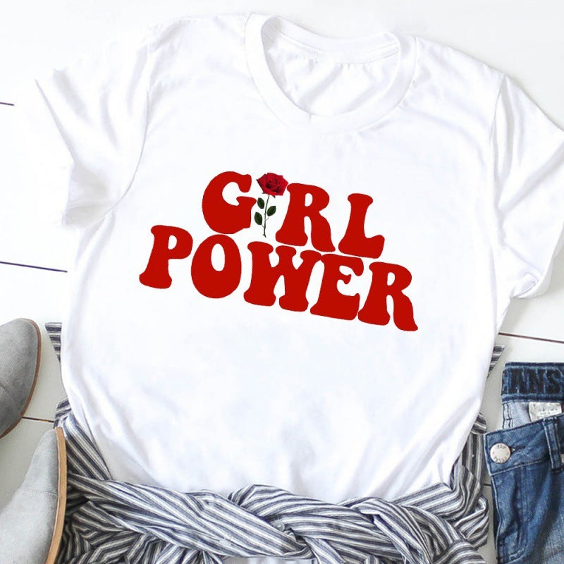 Girl Power Round Neck Short-sleeved Top