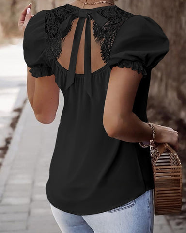 Casual Lace Stitching Tied Puff Sleeve Top