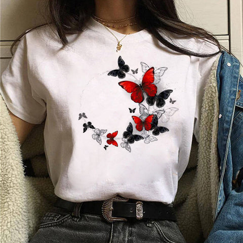 Fashion Women's Butterfly Print Short Sleeve T-Shirt