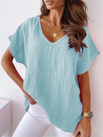 Women's Solid Color Cotton And Linen Short-sleeved V-neck Top