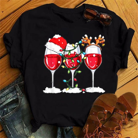 Christmas Humor Wine Glasses T-Shirt Tops