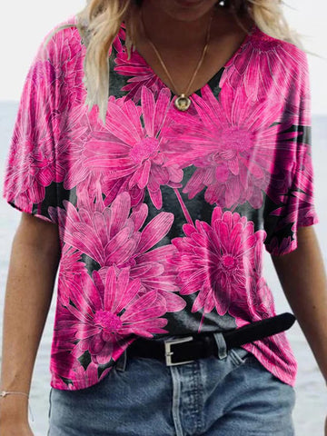 Chrysanthemum Flower Print V-neck Short-sleeved Casual And Comfortable Loose Top