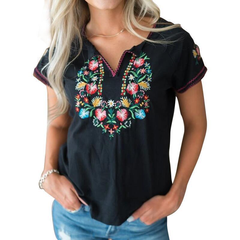 Vintage Retro Embroidered Short Sleeve Top