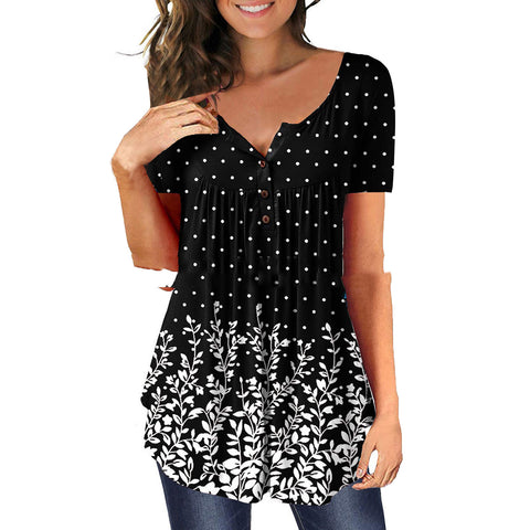 Polka Dot and Flower Print  Women's Short Sleeve Tunic