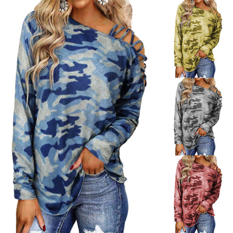 Camouflage Printed Shoulder Strap Cross-neck Long-sleeved Top