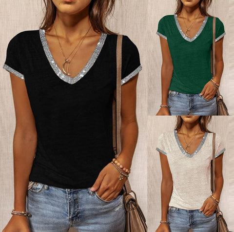 Women's Summer V-Neck Contrast Color Slim Short-Sleeved Top