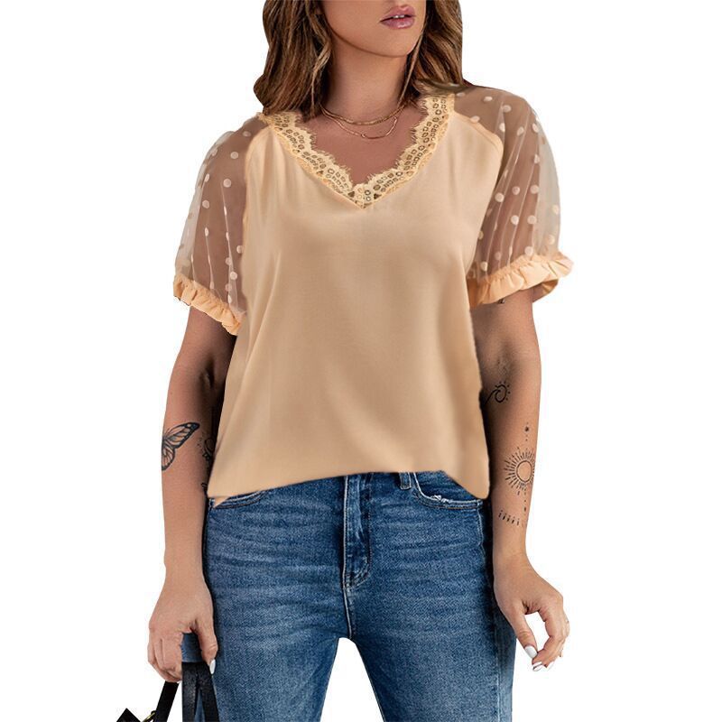 Lace Short Sleeved Solid Color V-neck Top