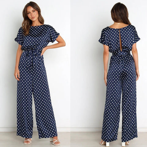 Round Neck Short Sleeve Polka Dot Printed Lace Up Waist-tight Jumpsuit