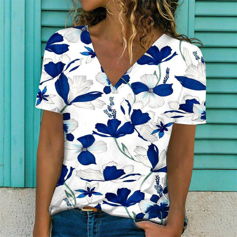 Floral Print Casual Short Sleeve V-Neck Pullover Top