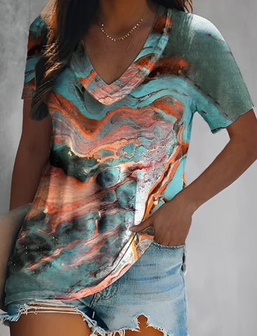 Multi Color Round Neck Short Sleeve Top