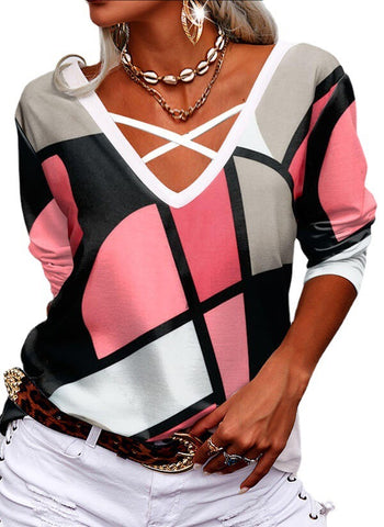 Long Sleeve Casual Loose V-neck Cross Geometric Print