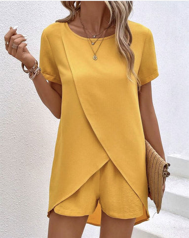 Solid Color Women's Top and Shorts Set