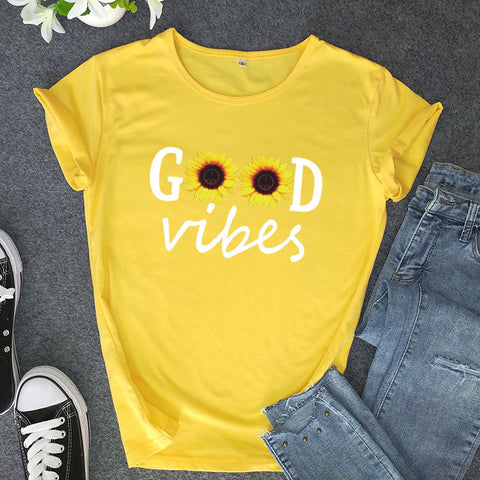 Good Vibes Sunflower Print Short Sleeve T-Shirt Top