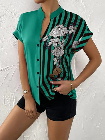 Double Contrast Color Floral Button Short Sleeve Shirt