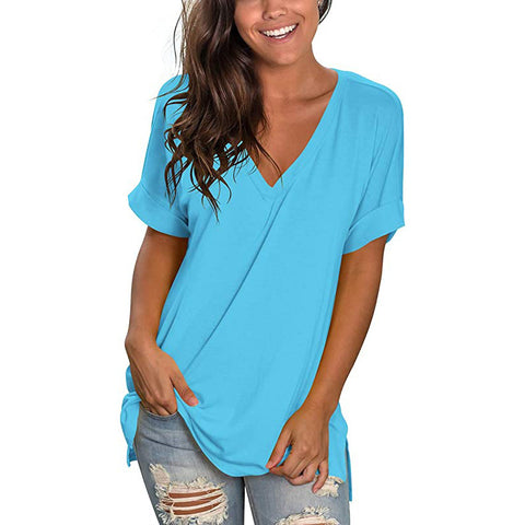 Women's Solid Color V Neck Short-Sleeved T-Shirt Top