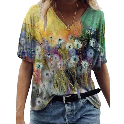 Butterfly Print Short Sleeve V-neck Ladies Top