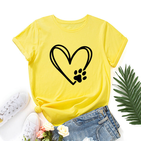 Women's Loose Round Neck Short Sleeve T-shirt With Heart-shaped Paw Print