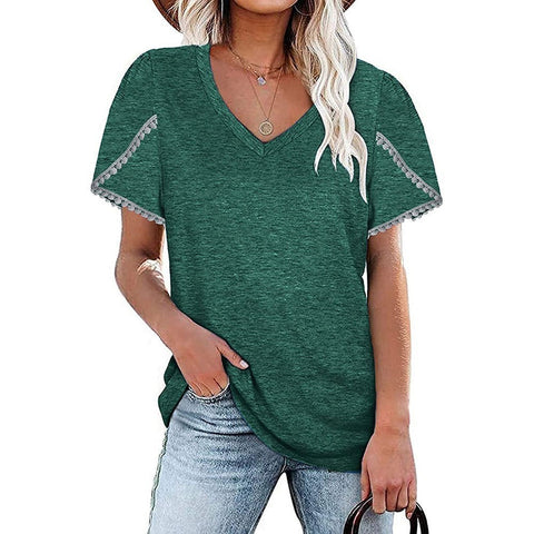 Lace Border V-Neck Short-Sleeved Shirt