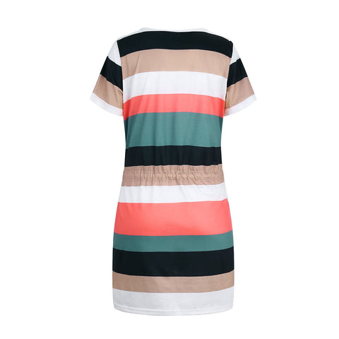 Striped Print V-neck Drawstring Short-sleeved Dress