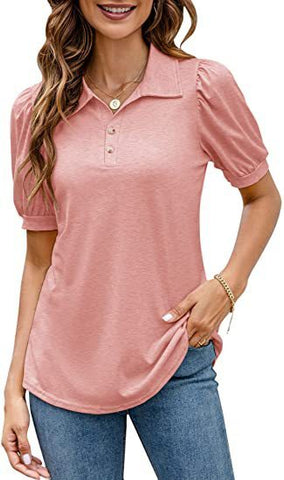 Polo Shirt Button Down Neck Puff Sleeve Loose Top