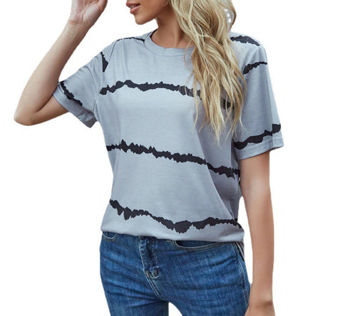 Casual Fashion Striped Print Short Sleeve T-Shirt Ladies Top