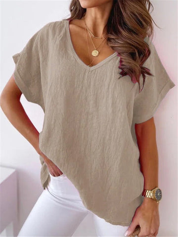 Women's Solid Color Cotton And Linen Short-sleeved V-neck Top