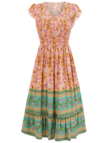 Flower Print V-neck Casual Ruffle Sleeveless Bohemian Dress